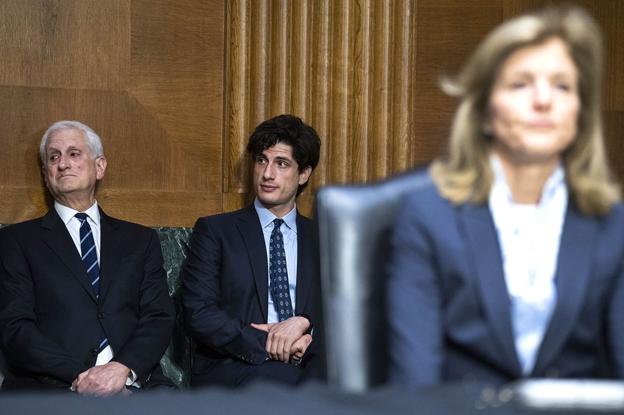 Caroline Kennedy, nominee to be ambassador of Australia, her husband Edwin Schlossberg, and son Jack Schlossberg, are seen during her Senate Foreign Relations confirmation hearing in Dirksen Building on Thursday, April 7, 2022. Caroline Kennedy, her husband Edwin Schlossberg, and son Jack Schlossberg at a Senate hearing on April 7, 2022.Credit: Tom Williams/CQ-Roll Call, Inc via Getty
