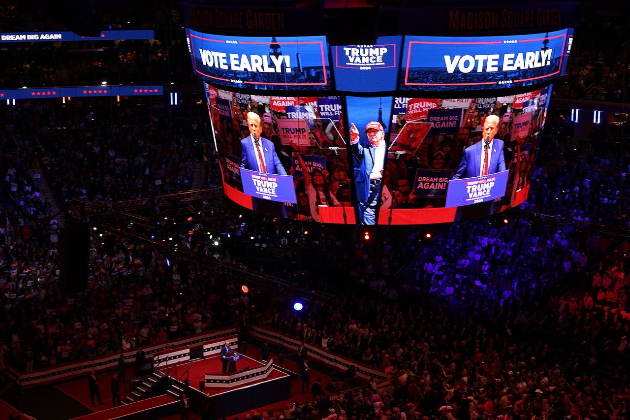 Donald Trump speaks at a campaign rally at Madison Square Garden on Oct. 27, 2024.Credit: Michael M. Santiago/Getty