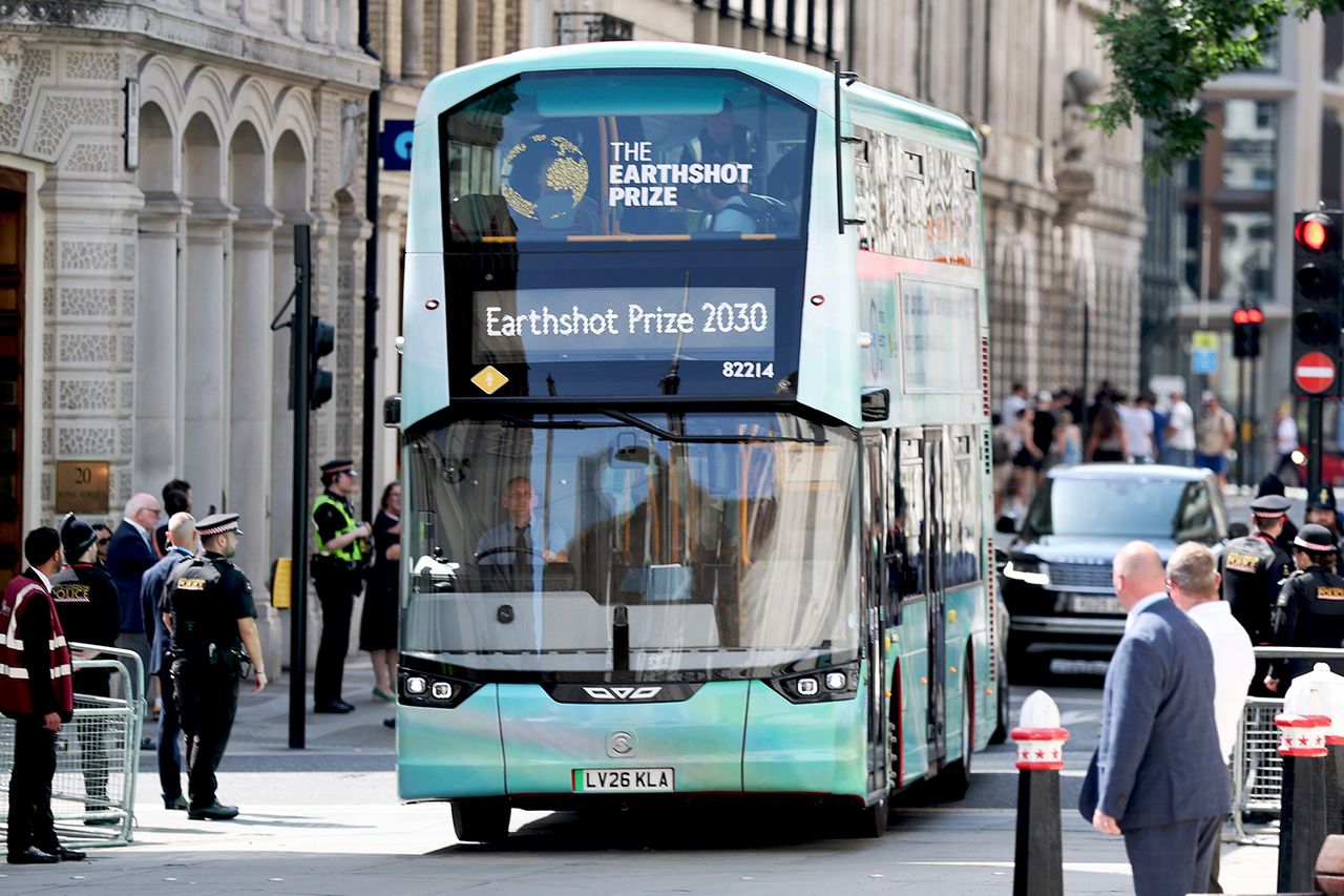 The bus ridden by Prince William, Prince of Wales and Robert Irwin as they attend the Earthshot Prize Impact Assembly for Climate Action Week at Guildhall on June 23, 2026Credit: Chris Jackson/Getty