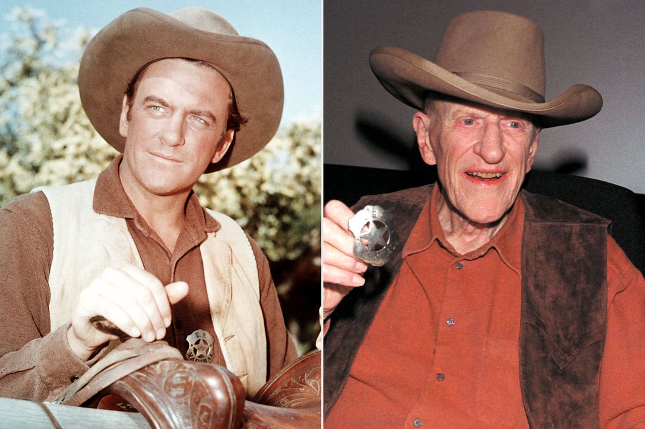 From left: James Arness as U.S. Marshal Matt Dillon on 'Gunsmoke,' circa 1960; James Arness shows off his 'Gunsmoke' sheriff's badge at a book signing for 'James Arness: An Autobiography' at the Gene Autry Museum in Los Angeles on Nov. 3, 2001Credit: CBS Photo Archive/Getty;Silver Screen Collection/Getty