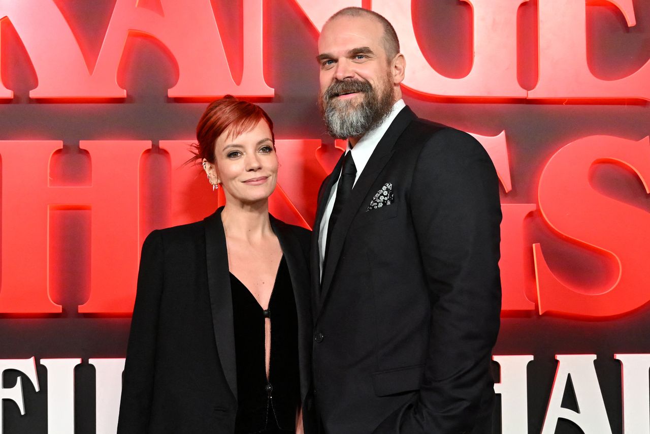 British singer Lily Allen and US actor David Harbour pose on the red carpet upon arrival to attend the West End Lily Allen and David Harbour on Dec. 14, 2023Credit: JUSTIN TALLIS/AFP via Getty