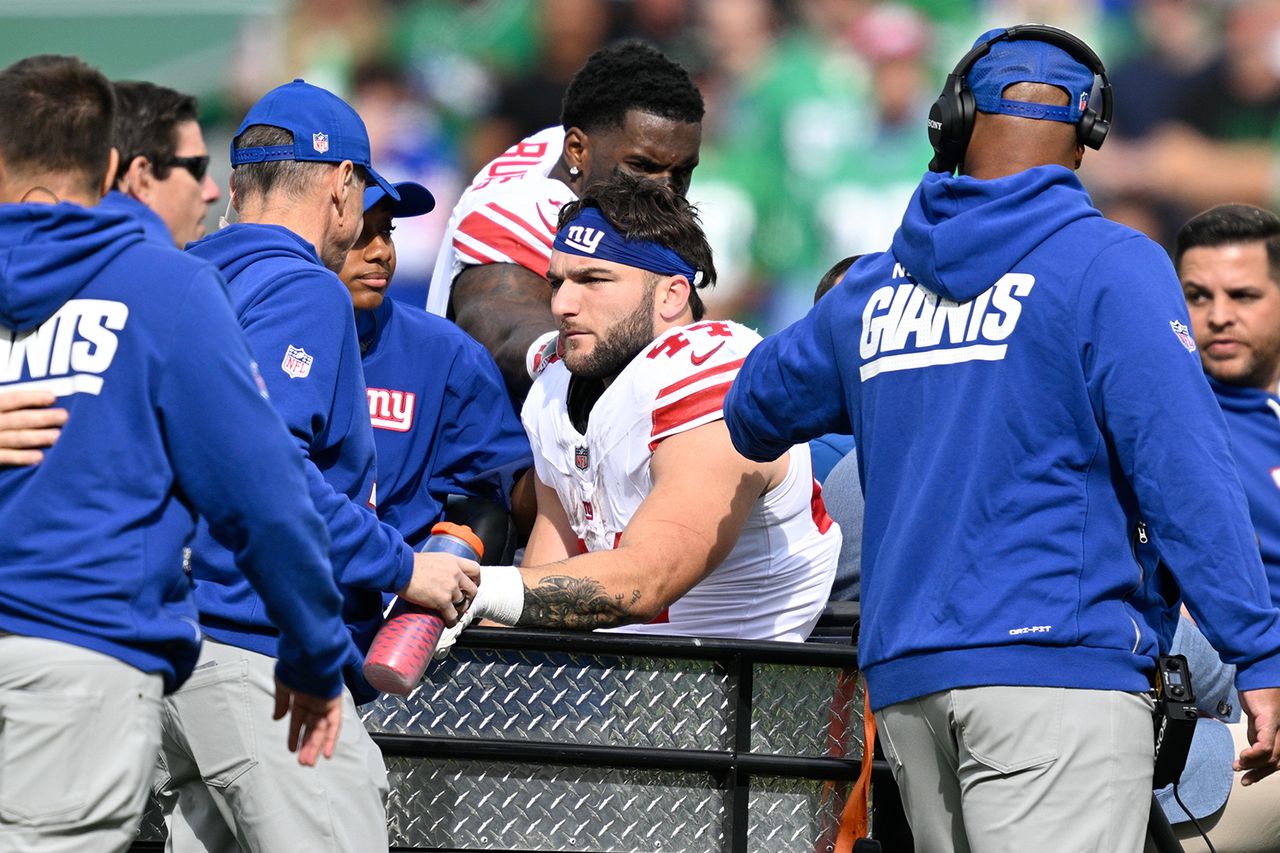 Cam Skattebo being carted off the field after his injury during an NFL game on Oct. 26, 2025Credit: Terence Lewis/Icon Sportswire via Getty