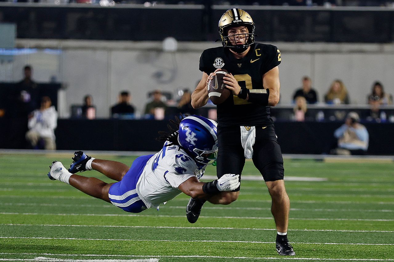 Nic Smith tackles Diego Pavia during a game on Nov. 22, 2025Credit: Matthew Maxey/Icon Sportswire/Getty