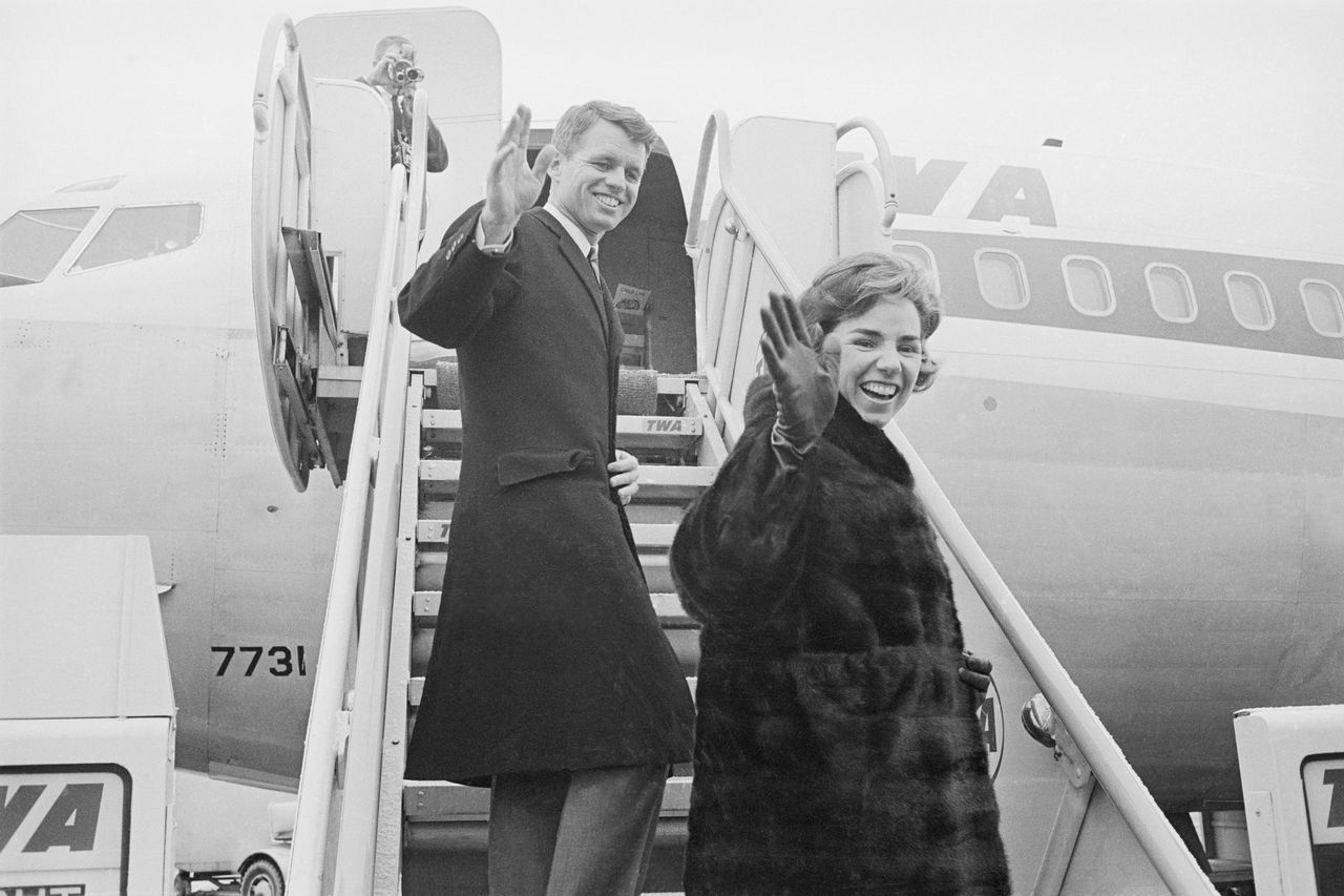 Robert F. Kennedy and his wife, Ethel, wave from the plane as they embark on a 26-day goodwill tour to Japan, Indonesia, Iran, Italy, the Netherlands, and West Berlin.Credit: Bettmann/Getty Images