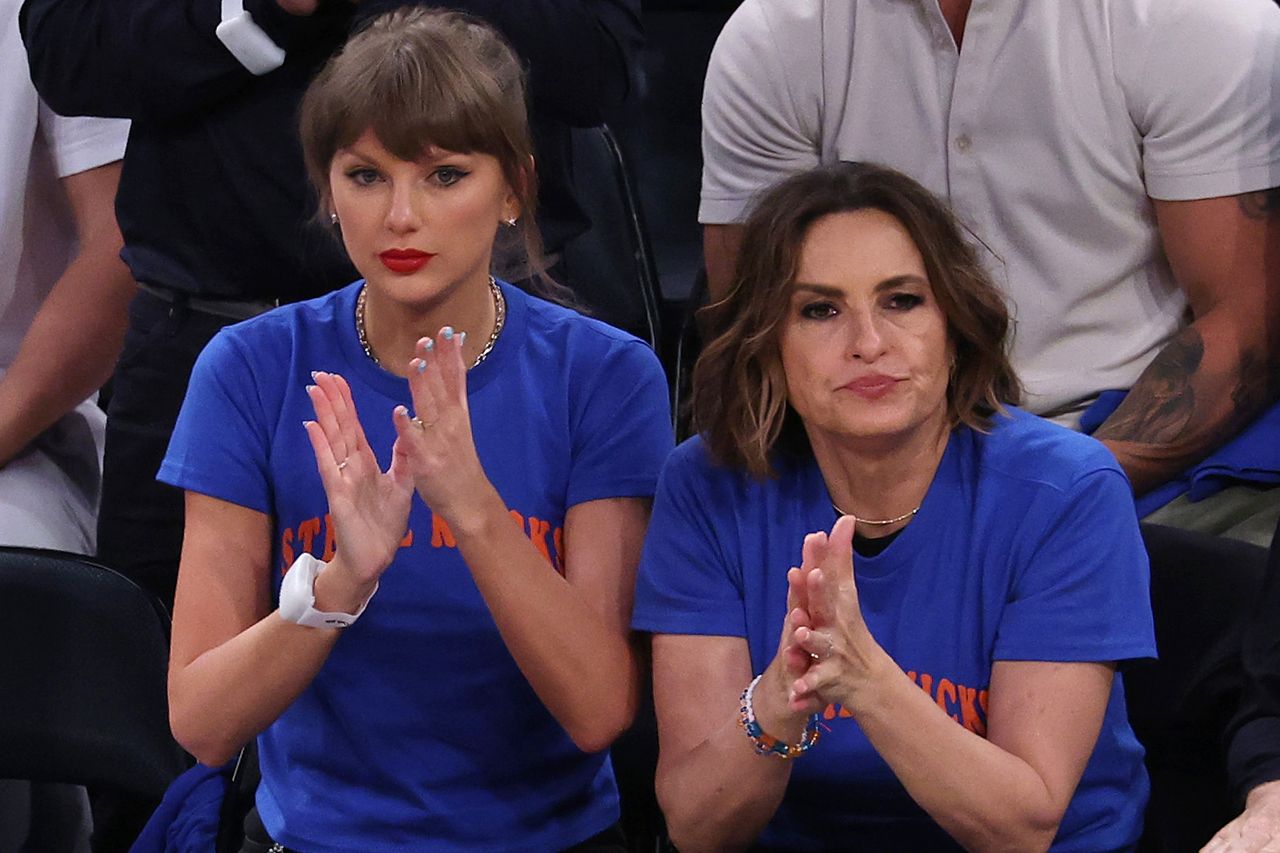 Taylor Swift and Mariska Hargitay attend Game Four of the 2026 NBA Finals between the San Antonio Spurs and the New York Knicks at Madison Square Garden on June 10, 2026 in New York City. Credit: Al Bello/Getty