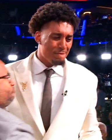 The former Michigan Wolverine fought back tears after being drafted by the Golden State Warriors on June 23, 2026Credit: ESPN