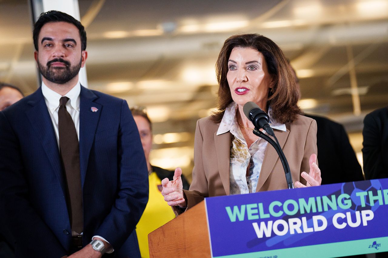 N.Y.C. Mayor Zohran Mamdani and New York Gov. Kathy Hochul at a FIFA World Cup press briefing on June 4, 2026Credit: Adam Gray/Bloomberg via Getty