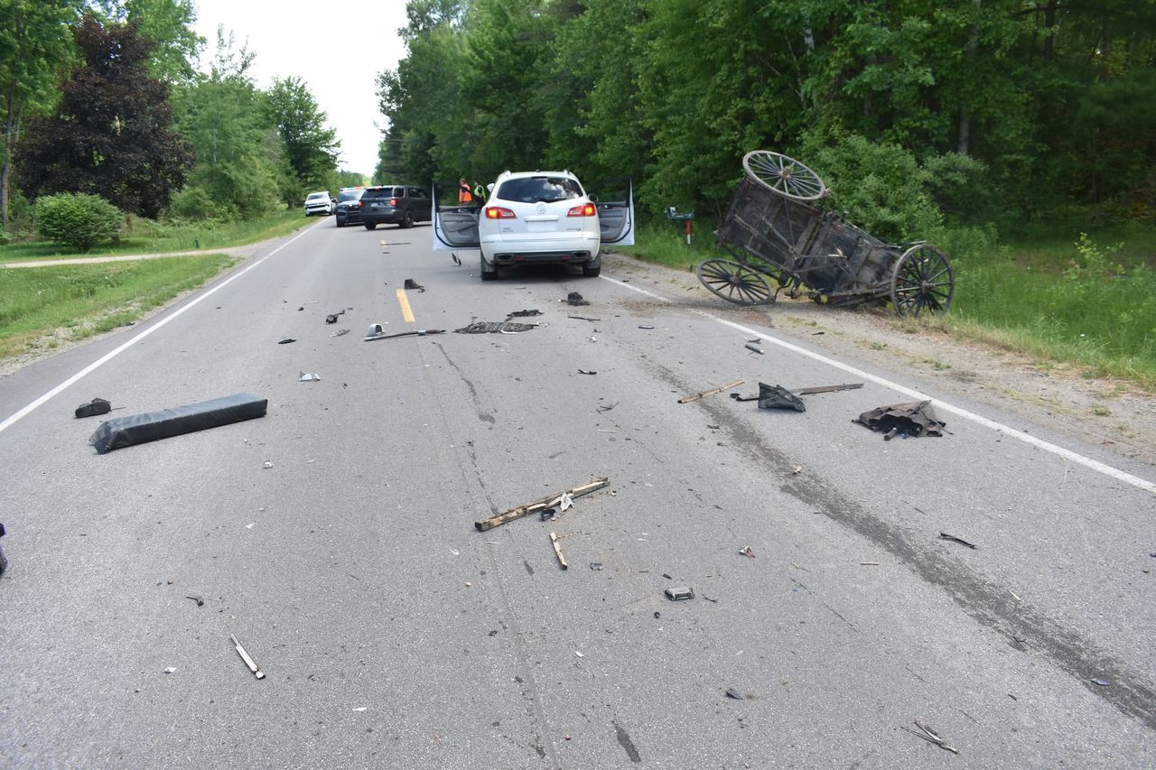 The horse-drawn carriage and SUV at the crash site in Beaverton Township, Mich., on June 10, 2026Credit: Gladwin County Sheriff's Office/Facebook