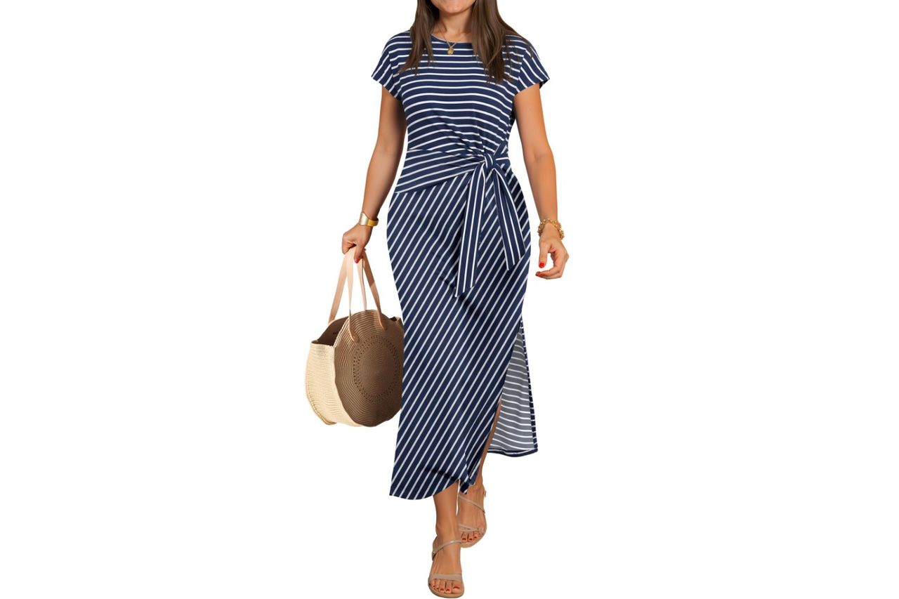 ANRABESS Womens Summer Maxi Dress Casual Crew Neck Tie Waist Split Credit: Amazon