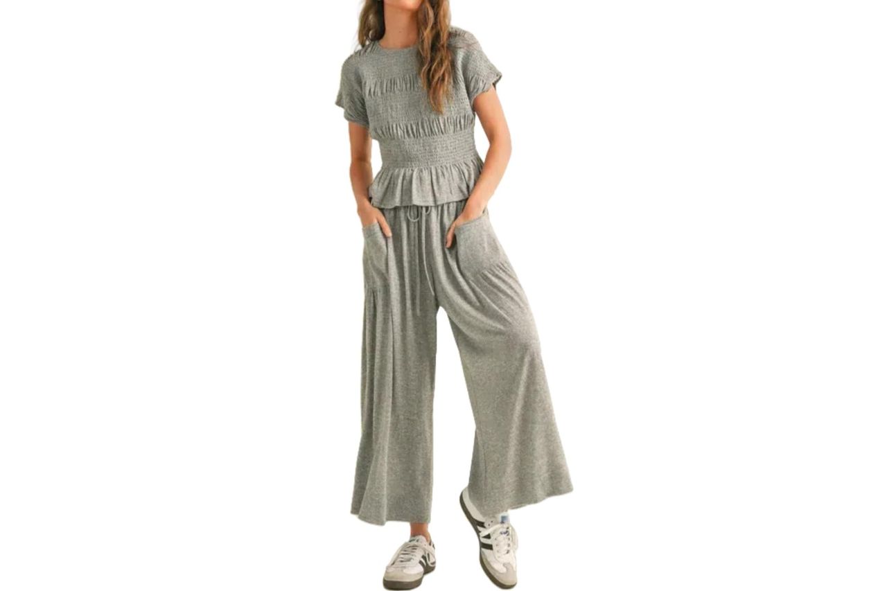 Antnation Womens 2 Piece Smocked Top Wide-Leg Pants Credit: Amazon