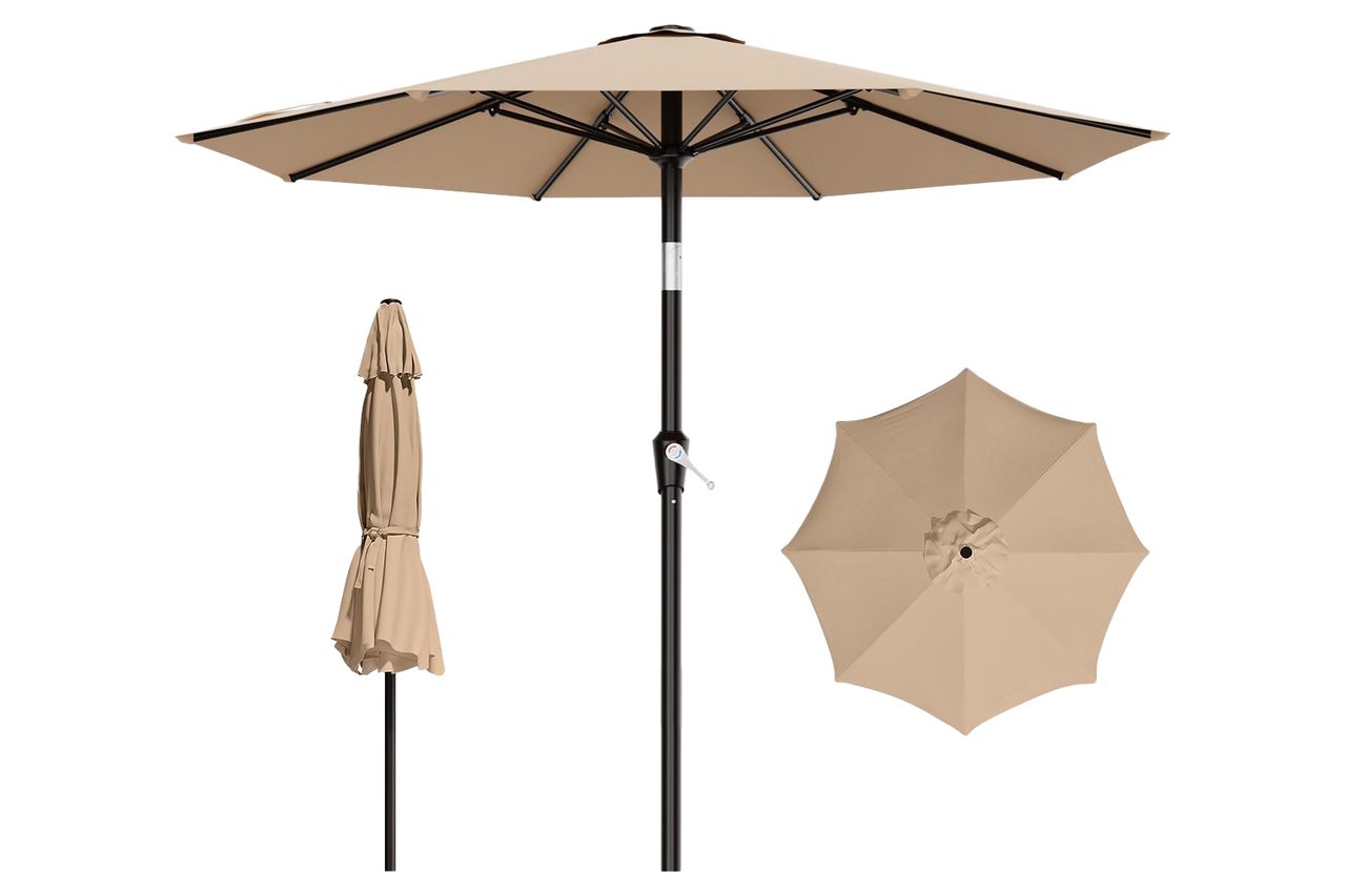 AreShark 9 FT Patio Umbrella for Outdoor, Outdoor Table Umbrella with Push Button Tilt and Crank, Outdoor Patio Umbrellas with 8 Sturdy Ribs for Market, Garden, Pool (Beige) Credit: Amazon