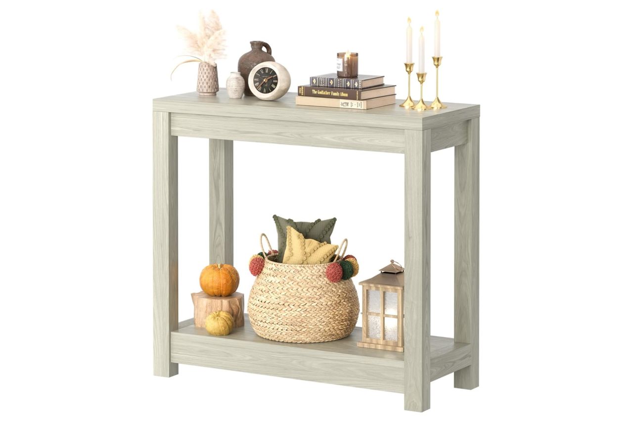 Besiost Small Farmhouse Wood Entryway Table Narrow Console Table with Storage Behind Couch Sofa Table with Shelves Entry Way Table with Open Storage, Easy Assembly, 32 Credit: Amazon