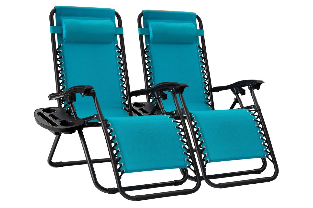 Best Choice Products Set of 2 Adjustable Steel Mesh Zero Gravity Lounge Chair Recliners w/Pillows and Cup Holder Trays - Peacock Blue Credit: Amazon