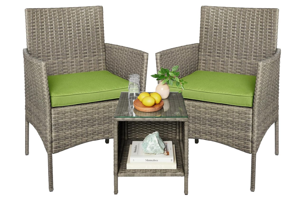 Best Choice Products 3-Piece Outdoor Wicker Conversation Bistro Set, Space Saving Patio Furniture for Garden w/Side Table - Taupe/Pistachio Credit: Amazon