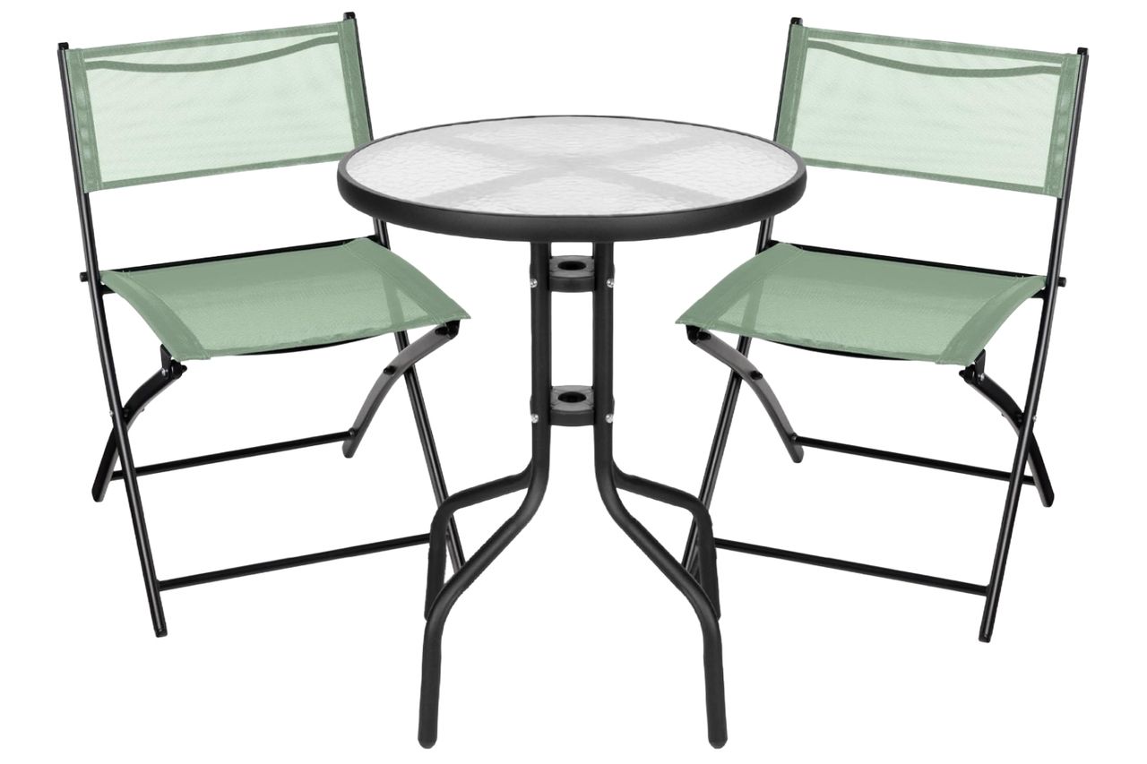 Best Choice Products 3-Piece Patio Bistro Dining Furniture Set w/Textured Glass Tabletop, 2 Steel Folding Chairs, Polyester Fabric - Sage Credit: Amazon