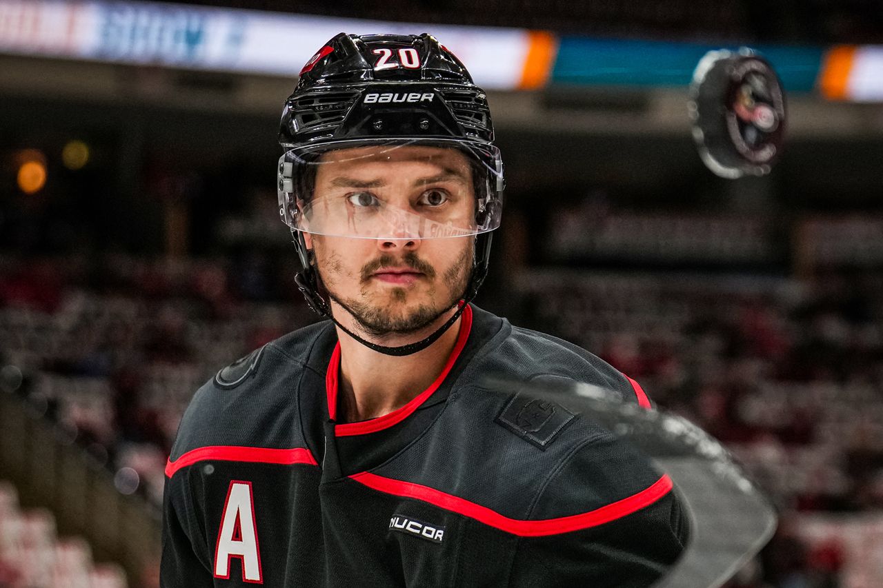 Sebastian Aho #20 of the Carolina Hurricanes warms up prior to Game One of the Eastern Conference Final on May 20, 2025 in Raleigh, North Carolina. Sebastian Aho #20 of the Carolina Hurricanes warms up prior to Game One of the Eastern Conference Final on May 20, 2025 in Raleigh, North Carolina.Credit: Josh Lavallee/NHLI via Getty