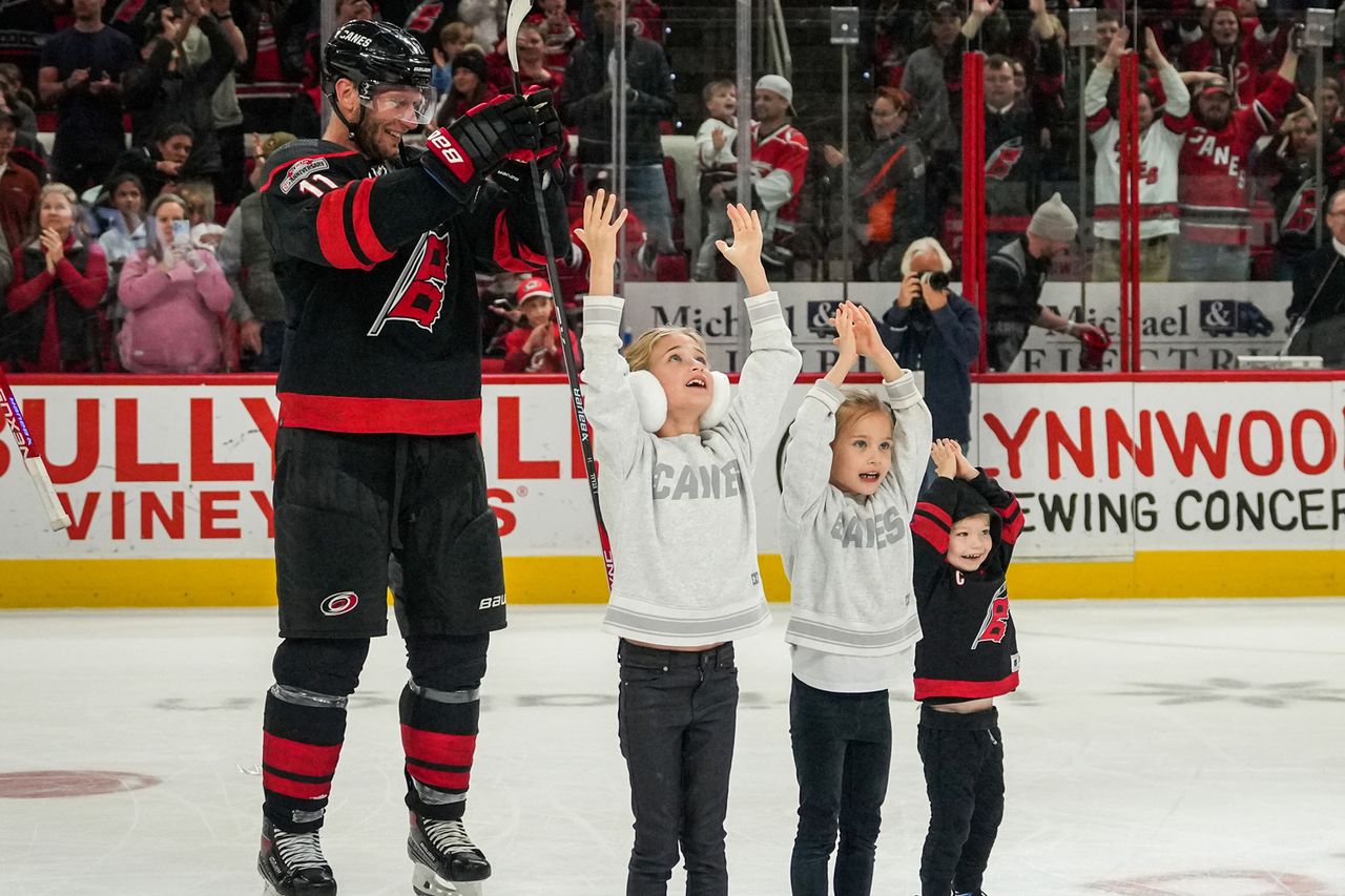 Jordan Staal and his children on March 05, 2023 in Raleigh, North Carolina. Jordan Staal and his children on March 05, 2023 in Raleigh, North Carolina.Credit: Josh Lavallee/NHLI via Getty