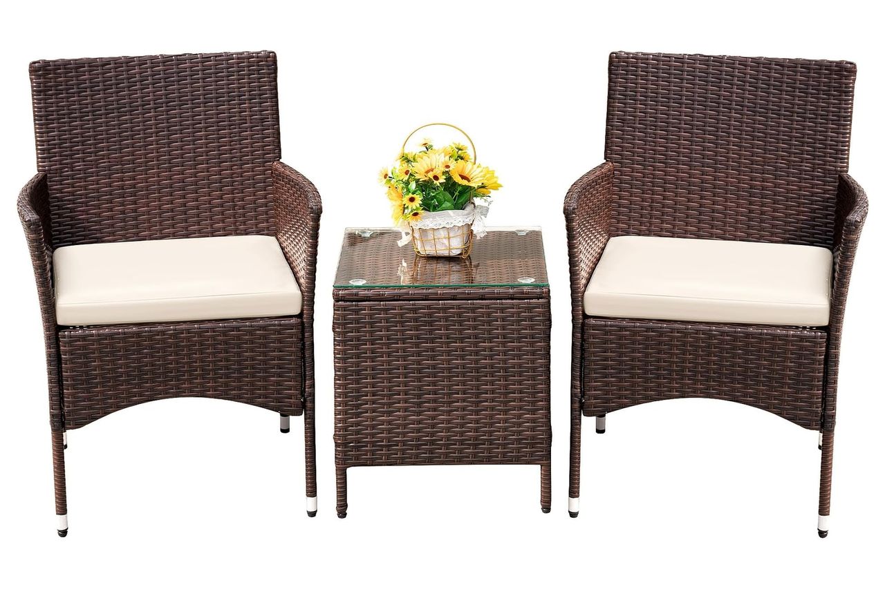 Devoko Patio Porch Furniture Sets 3 Pieces PE Rattan Wicker Chairs with Table Outdoor Garden Furniture Sets (Brown/Beige) Credit: Amazon