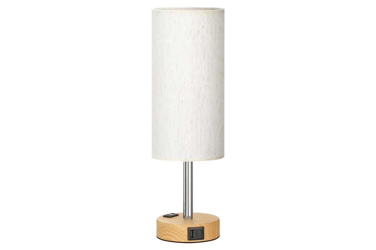 Fenmzee Bedside Table Lamp for Bedroom - 3 Way Dimmable Touch Lamp USB C Charging Ports and AC Outlet, Small Lamp Wood Base Round Flaxen Fabric Shade for Living Room, Desk, LED Bulb Included Credit: Amazon
