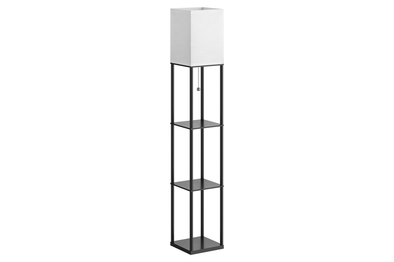 Floor Lamp with Shelves for Living Room, Shelf Floor Lamp with 3 CCT LED Bulb, Corner Display Standing Column Lamp Etagere Organizer Tower Nightstand with White Linen Shade for Bedroom, Office Credit: Amazon