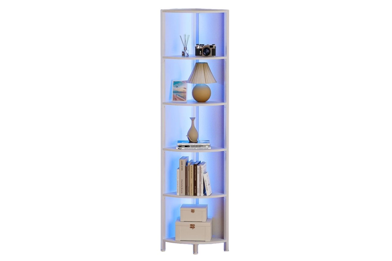 Furnulem 6 Tier Corner Shelf with LED Light, 67.5” Tall Standing Shelf Organizer, White Narrow Bookshelf with Storage Rack for Wall Corner, Living Room, Bedroom, Metal Frame, Wood Display Shelf Credit: Amazon