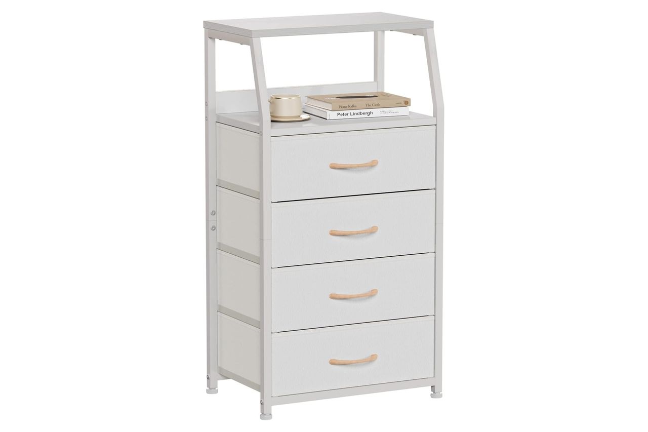 Furnulem Tall 4 Drawers Dresser, Vertical Storage Tower for Bedroom, Hallway, Entryway, Nursery, Closet Organizer, Nightstand Bedside Table Furniture, Sturdy Steel Frame, Wood Top, White Credit: Amazon