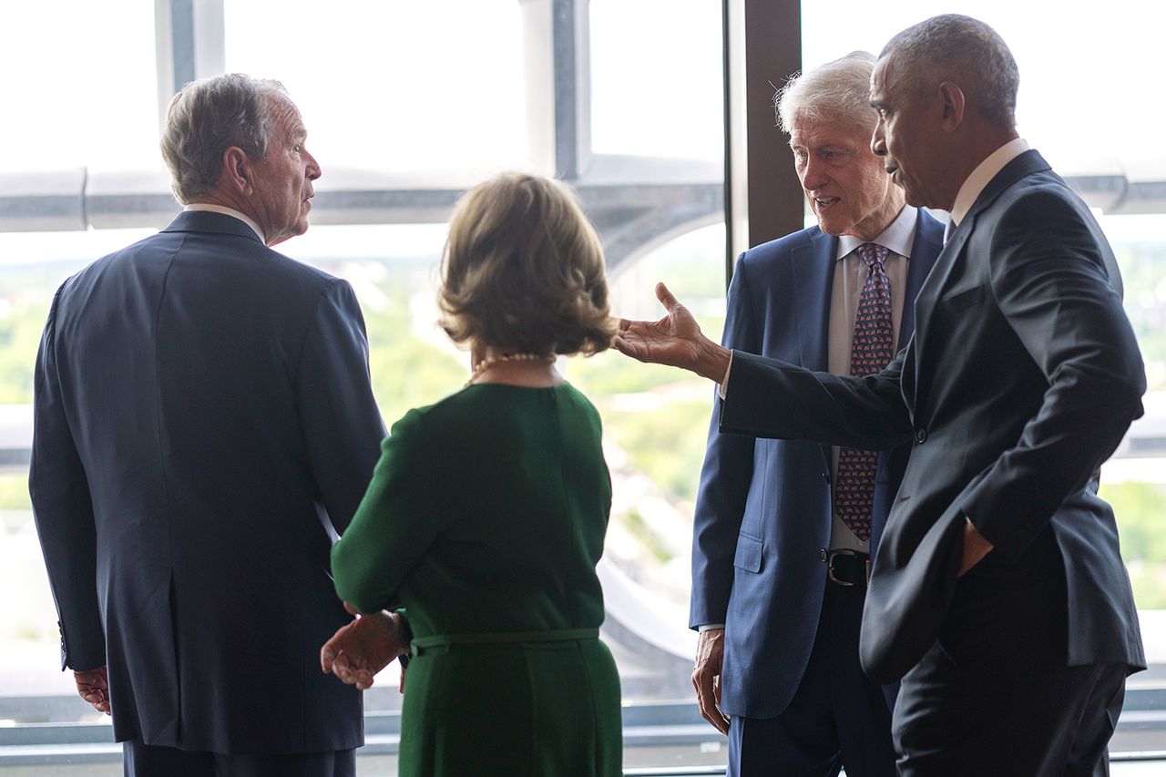 George W. Bush, Laura Bush, Bill Clinton and Barack Obama catch up ahead of the dedication ceremony for the opening of the Barack Obama Presidential Center on June 18, 2026Credit: Pablo Martinez Monsivais/Pool/Getty