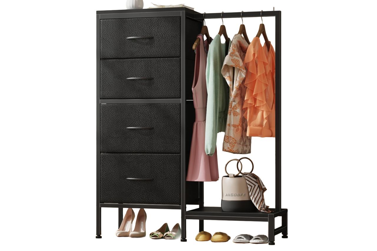 HIGDBFE Dresser with Hanging Rack, 4 Drawers Small Closet for Bedroom, Reversible Fabric Kids Chest of Drawers with Clothes Rack, Tall Storage Tower, Sturdy Frame, Black, 44''H Credit: Amazon