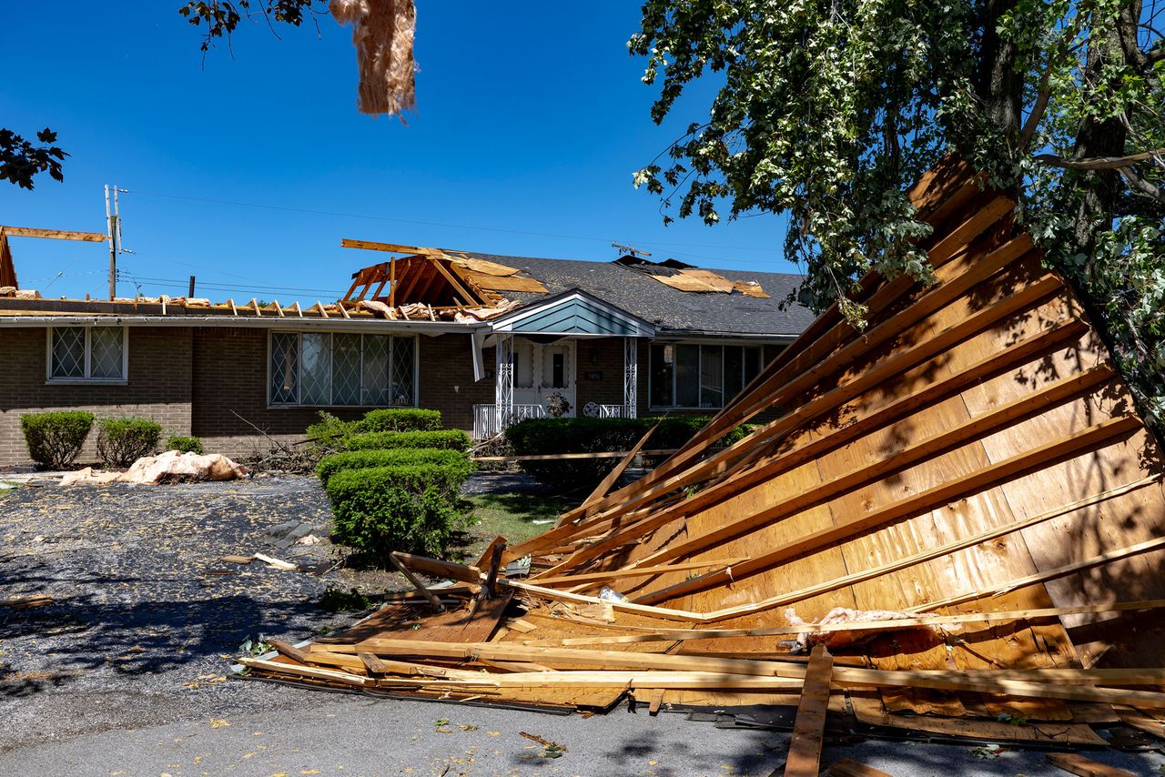 The roof of a home sits on the ground after it was blown off by tornado winds on June 12, 2026, in Merrillville, Indiana.Credit: Jim Vondruska/Getty