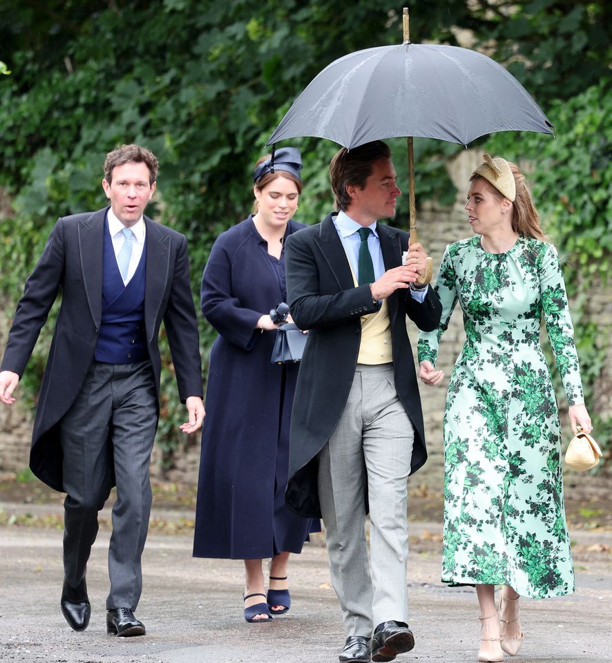 Jack Brooksbank, Princess Eugenie of York, Edoardo Mapelli Mozzi and Princess Beatrice of York arrive for the Royal wedding of Peter Phillips and Harriet Sperling at All Saints' Church on June 6, 2026