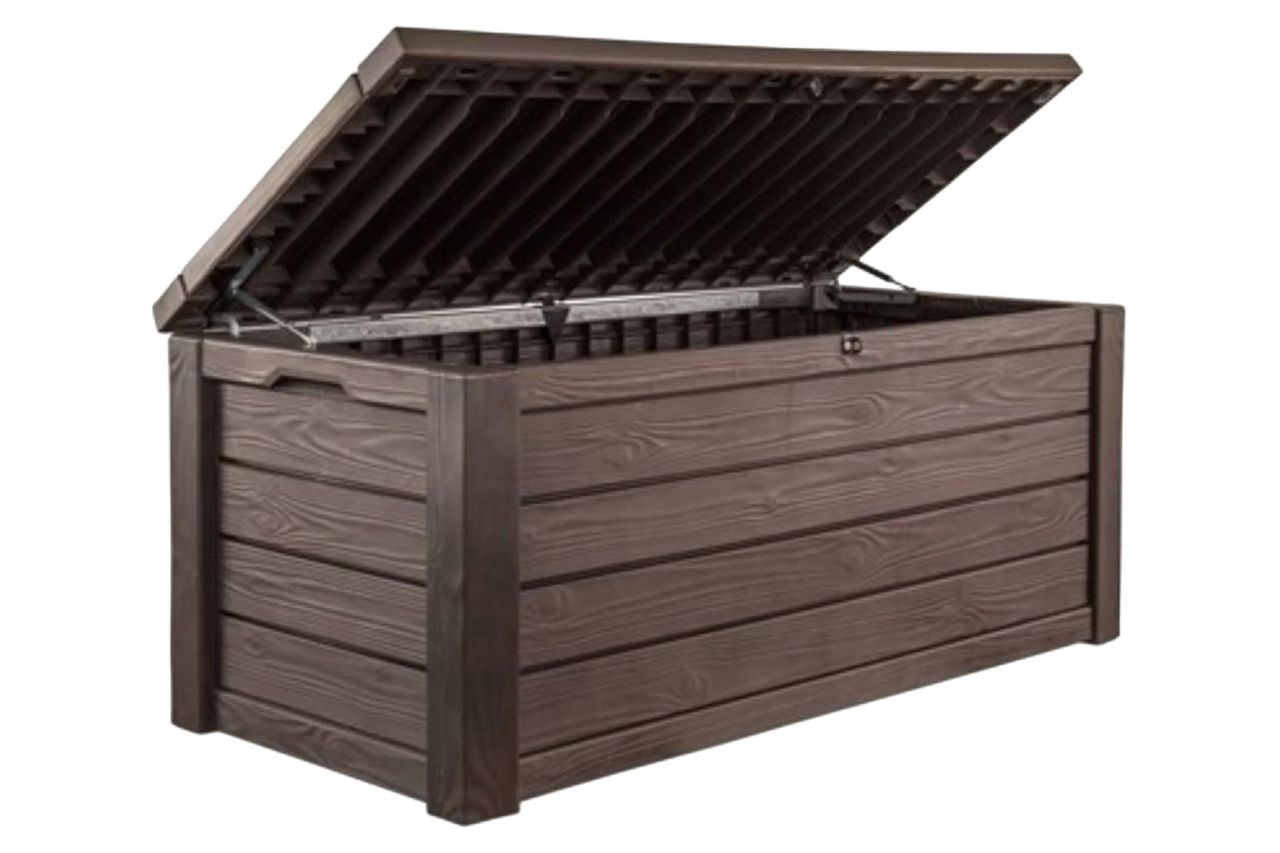 Keter 150 Gallon Resin Large Deck Box Organization and Storage Box for Patio, Outdoor Cushions, Garden Tools, Brown Credit: Amazon