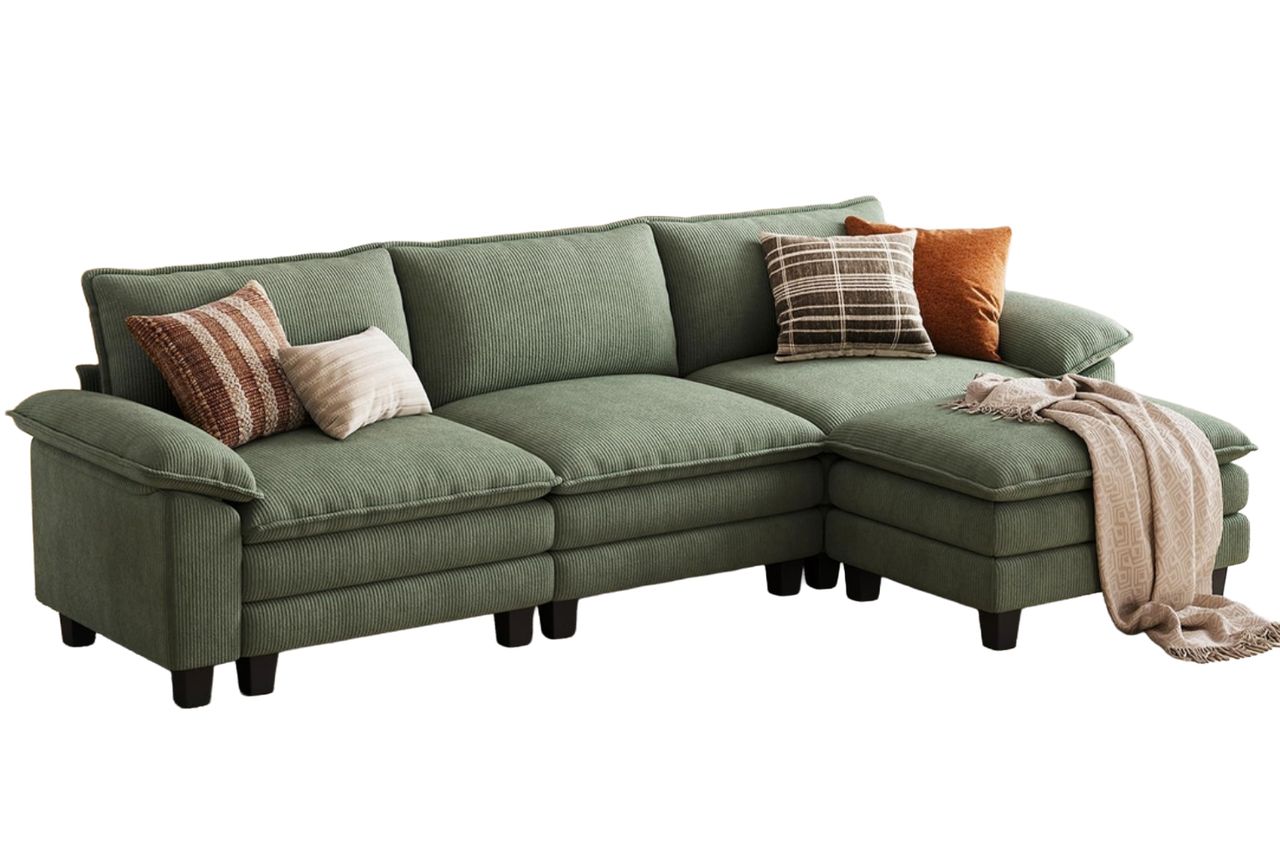 LINSY HOME 123'' Modular Sectional Sofa Green Couch Corduroy Cloud Couches for Living Room, L Shaped Couch with Movable Ottoman, Modern Cloud Sectional Sofas for Bedroom and Apartment, Green Credit: Amazon