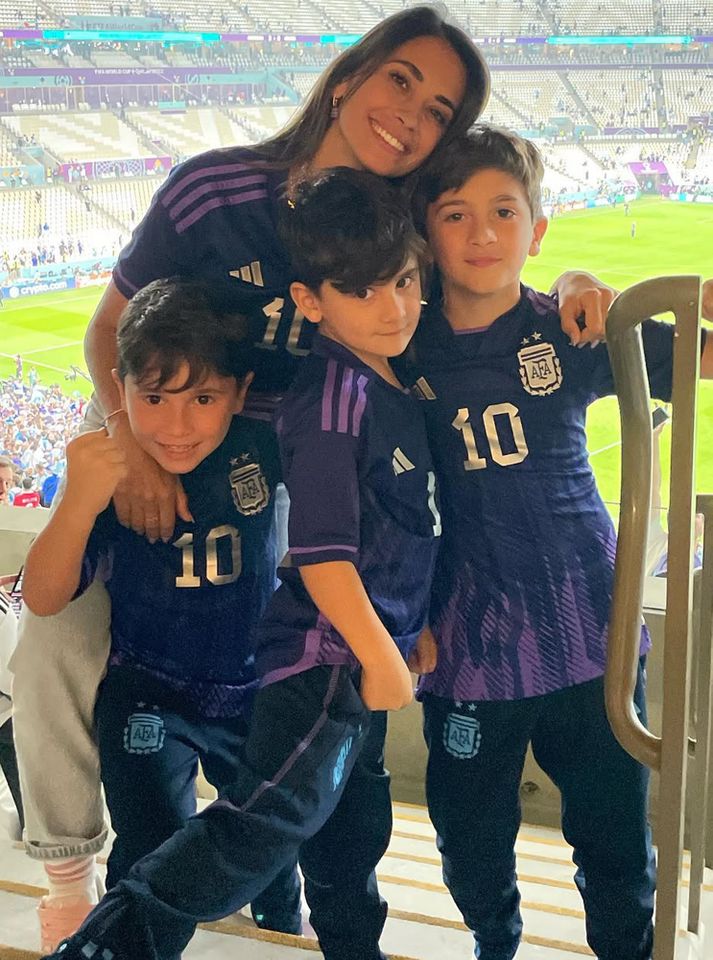 Antonela Roccuzzo and her three sons with Lionel Messi celebrate Argentina getting into the World Cup final in December 2022Credit: Antonela Roccuzzo/Instagram