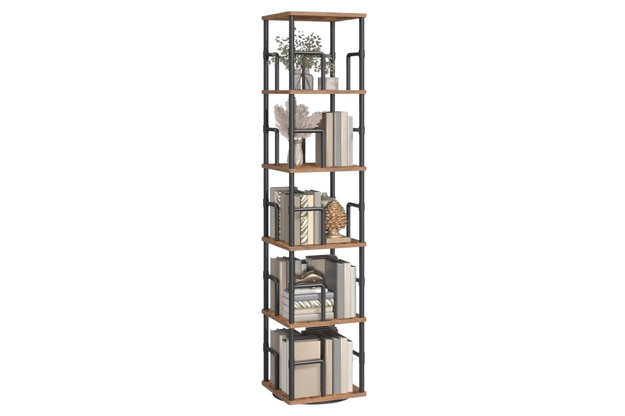 MAHANCRIS 5-Tier Rotating Bookshelf, Freestanding Corner Bookshelf, 360° Spinning Bookcase, Industrial Style Storage Rack with Rails, for Living Room, Bedroom, Study, Rustic Brown and Black BKHR1601 Credit: Amazon