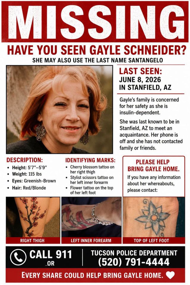 A missing person poster for Gayle Schneider a.k.a. Gayle SantangeloCredit: Facebook