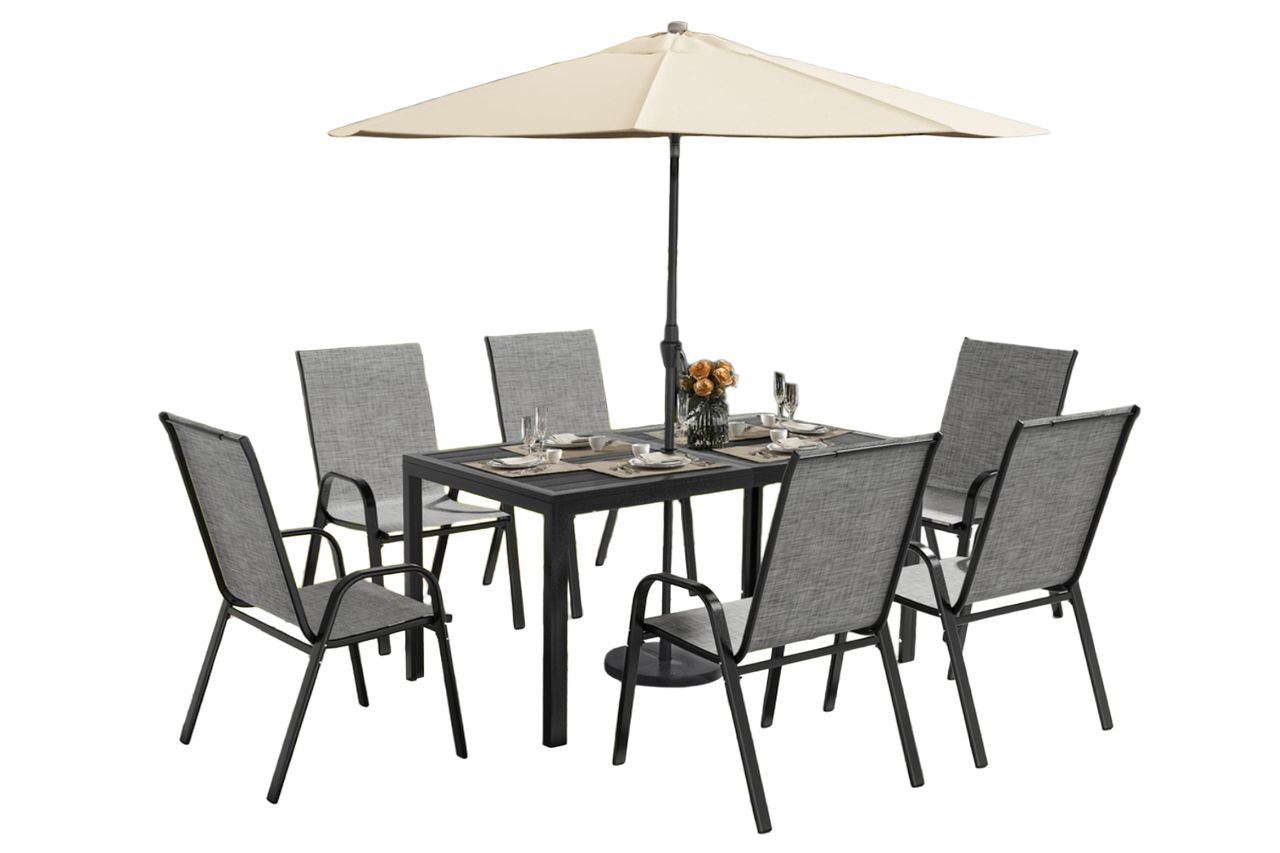 Pamapic Outdoor Dining Sets for 6, Rectangular Steel Slat Table with 6 Textilene Chairs, 7 Piece Patio Table and Chairs Set with Umbrella Hole for Patio, Garden, Backyard and Poolside (Grey) Credit: Amazon
