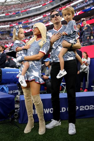 Paris Hilton, her husband Carter Reum and children Phoenix Hilton-Reum and London Hilton-Reum are seen before the FIFA World Cup 2026 Group D match between TÃ¼rkiye and USA at Los Angeles Stadium on June 25, 2026 in Inglewood, California.Credit: Jared C. Tilton - FIFA/FIFA via Getty