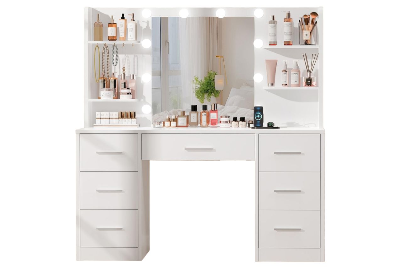 Quimoo Large Vanity Desk with LED Lighted Mirror & Power Outlet,Makeup Vanity Table with 7 Drawers,4 Shelves and 5 Hooks,Vanity Table, Vanity Desk Set for Bedroom,Bathroom,White Credit: Amazon