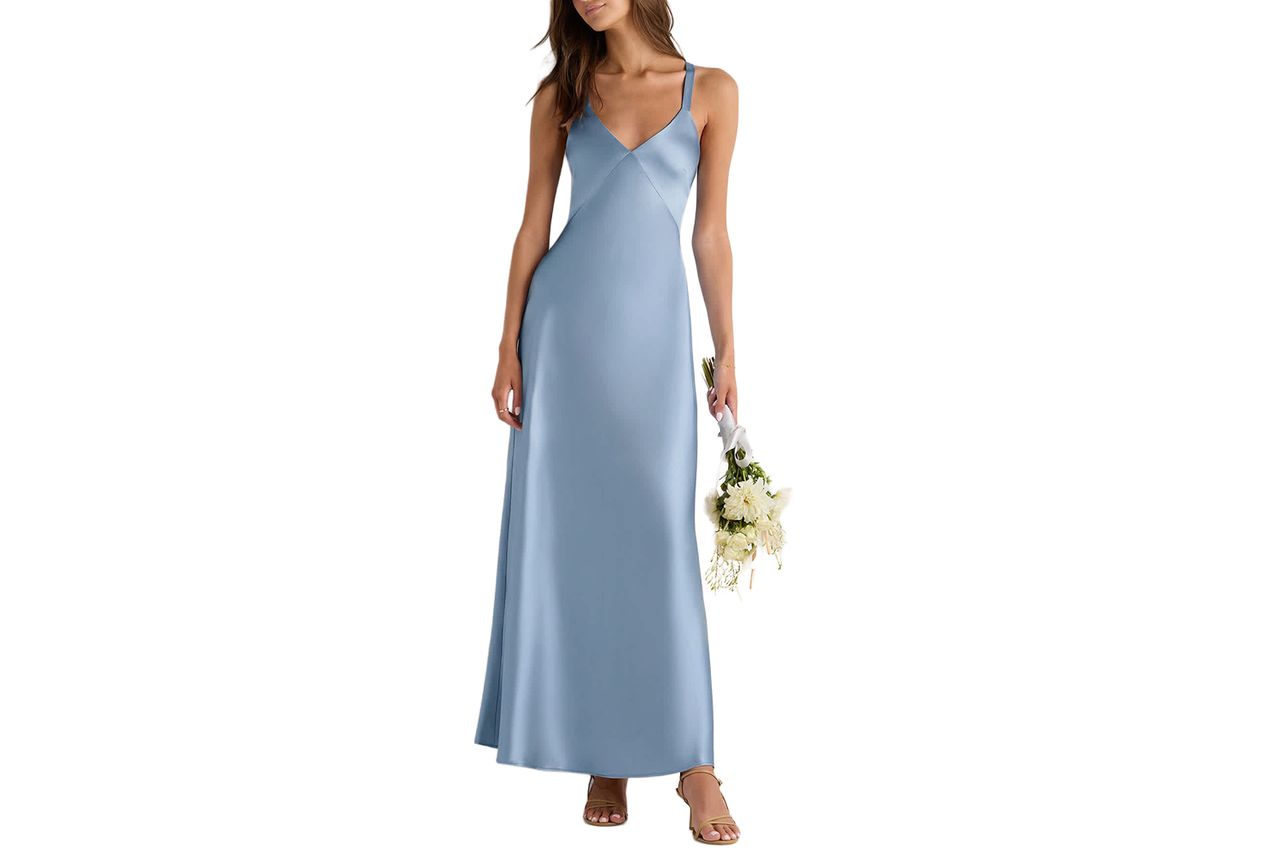 Bianca Stretch Satin Dress Dusty Steel Blue Credit: Quince