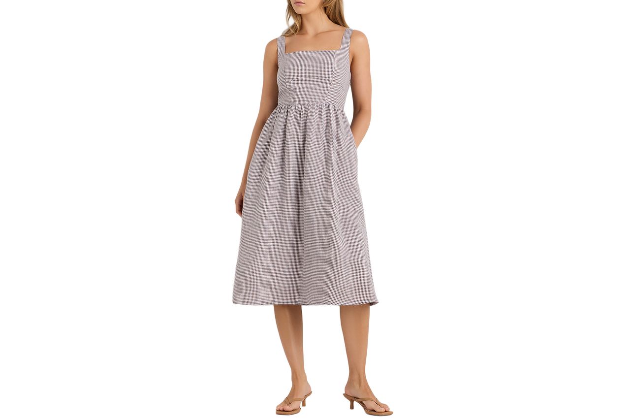 European Linen Fit & Flare Midi Dress Taupe Brown Gingham Credit: Quince