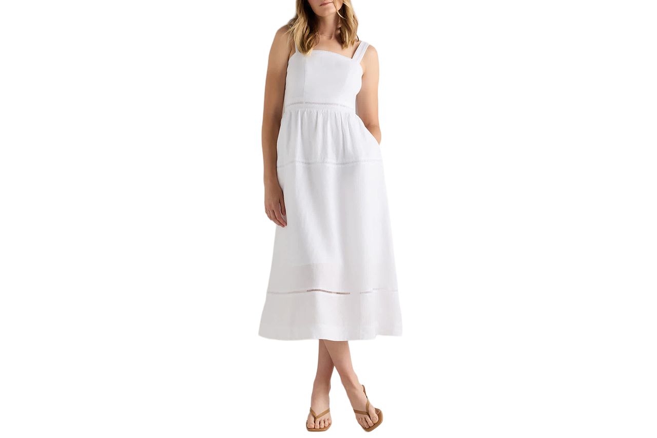 European Linen Ladder Stitch Midi Dress White Credit: Quince