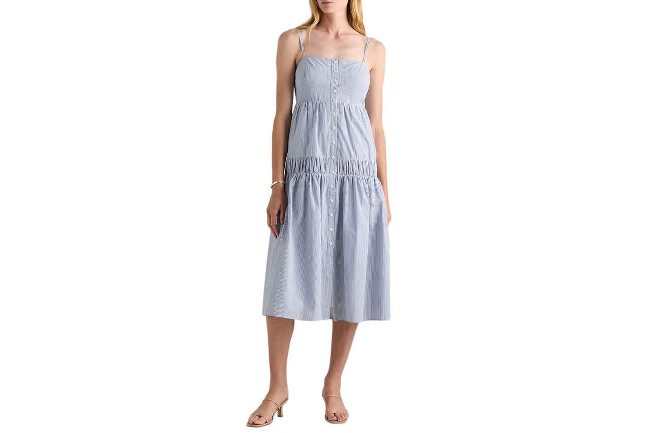 Organic Cotton Poplin Spaghetti Strap Maxi Dress Light Blue Stripe Credit: Quince
