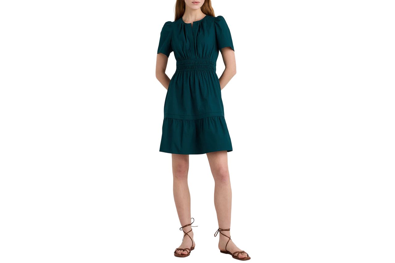 Organic Cotton Poplin Tiered Mini Dress Ocean Green Credit: Quince