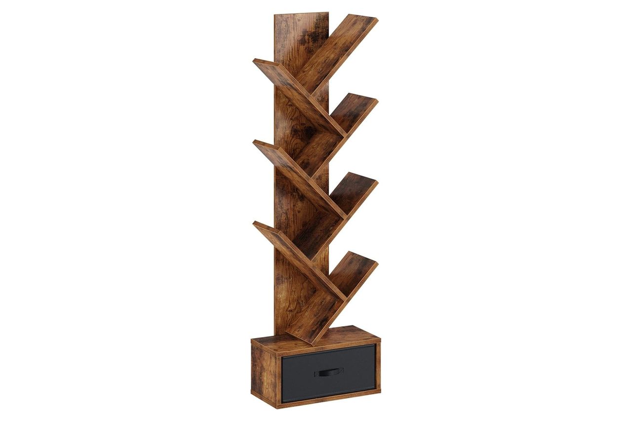 Rolanstar 7 Tier Bookshelf with Drawer, Tree Bookshelf, Small Bookshelves with Storage Rack for CDs/Movies/Books, Standing Book Shelf, Tall Narrow Bookcase for Living Room, Bedroom, Rustic Brown Credit: Amazon