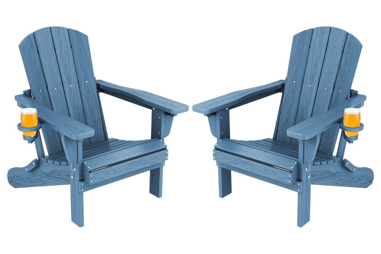 SERWALL Folding Adirondack Chair Set of 2, Adjustable Adirondack Chair with 3 Recline Positions, All Weather HDPE Outdoor Adirondack with Cup Holders, Blue Credit: Amazon