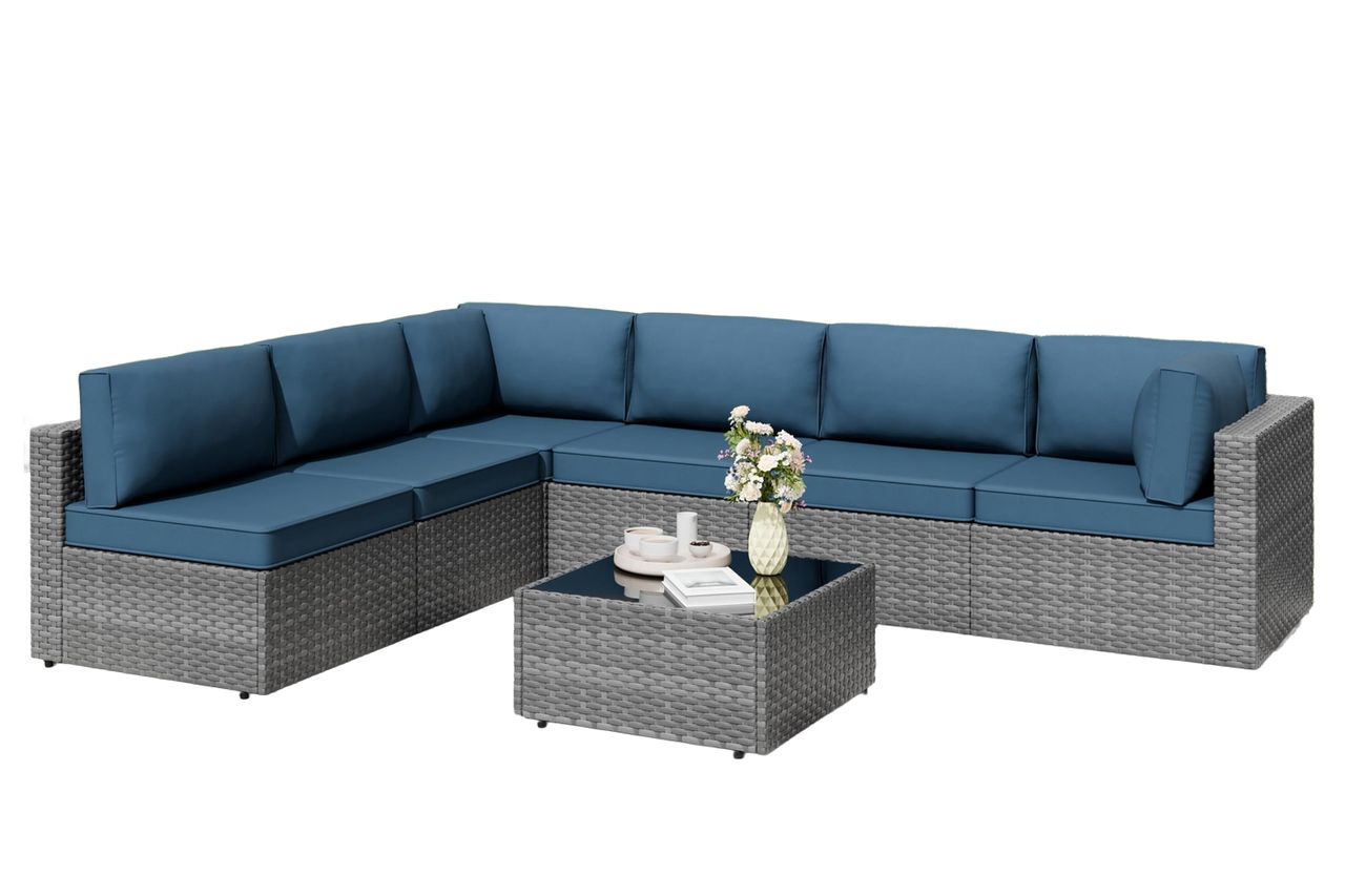 Shintenchi 7 Pieces Outdoor Patio Furniture Sets, Patio Sectional Sofa Couch, Gray PE Wicker Furniture Modular Patio Conversation Sets Patio Sofa with Washable Cushions, Aegean Blue Credit: Amazon
