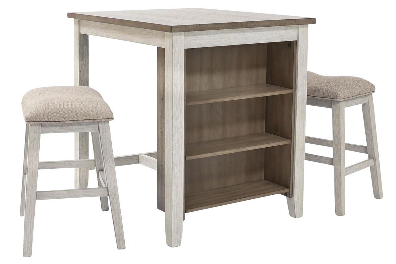 Signature Design by Ashley Skempton 3 Piece Counter Height Dining Set, Includes Table and 2 Barstools, Cushioned Seats, Wood, Whitewash Credit: Amazon