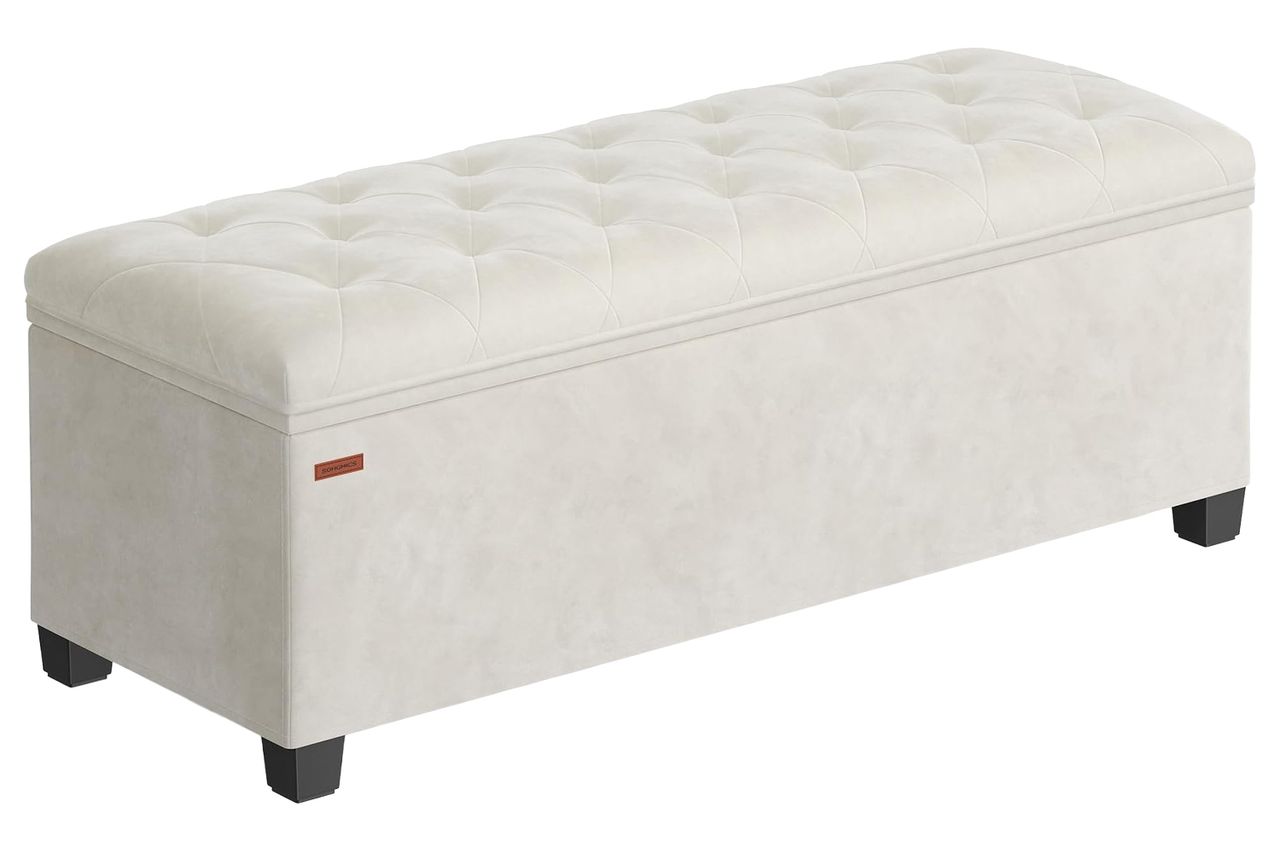 SONGMICS Velvet Storage Ottoman Bench, Foot Rest with Legs, 15.7 x 43 x 15.7 Inches, End of Bed Bench, Storage Chest, Load up to 660 lb, for Living Room, Bedroom, Entryway, Cream White ULSF089W01 Credit: Amazon