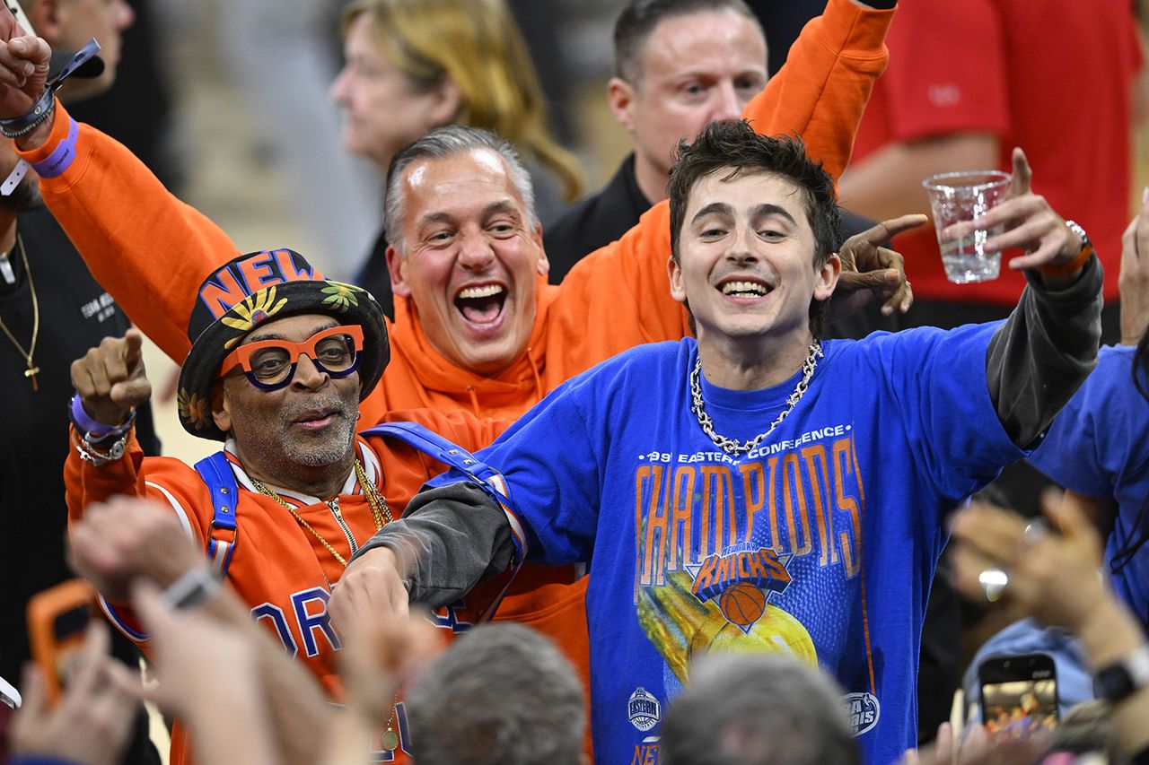 Spike Lee and actor Timothee Chalamet react after New York Knicks defeat the Cleveland Cavaliers Timothee ChalametCredit: David Richard-Imagn Images