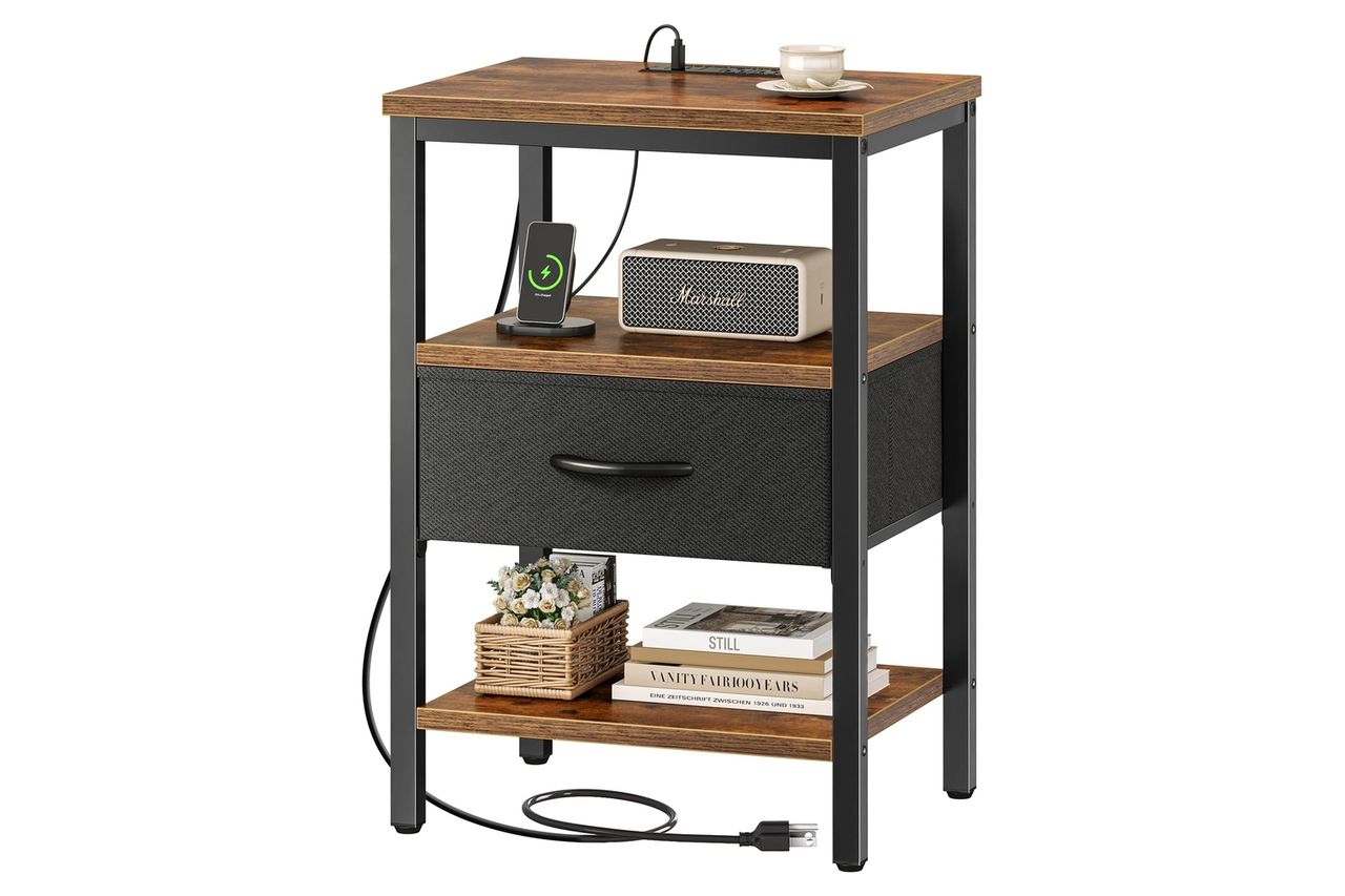 SUPERJARE Nightstand with Charging Station, Bed Side Table with Adjustable Fabric Drawer, Night Stand for Bedroom, 3-Tier Storage End Table, for Living Room, Rustic Brown and Black Credit: Amazon